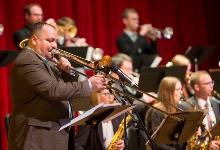   Grammy-winning trombonist Michael Dease (foreground) joined the OSU Jazz Orchestra for its first commercially-released album called “Solid Gold,” which has already attracted an excellent music review.